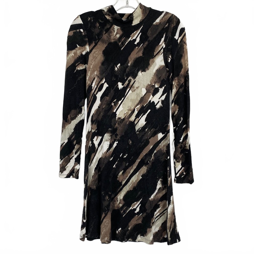 Tart Black Brown Watercolor Print Mock Neck Mini Dress | XS